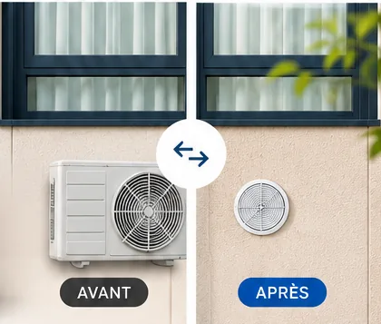Avant : un groupe extérieur en façade. Après : une simple grille.