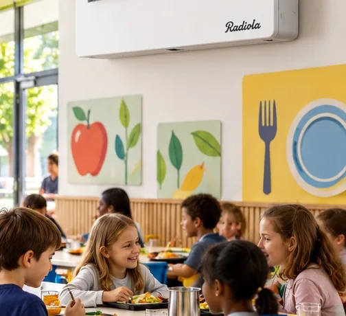 Enfants dans une cantine scolaire équipée d'un climatiseur mural