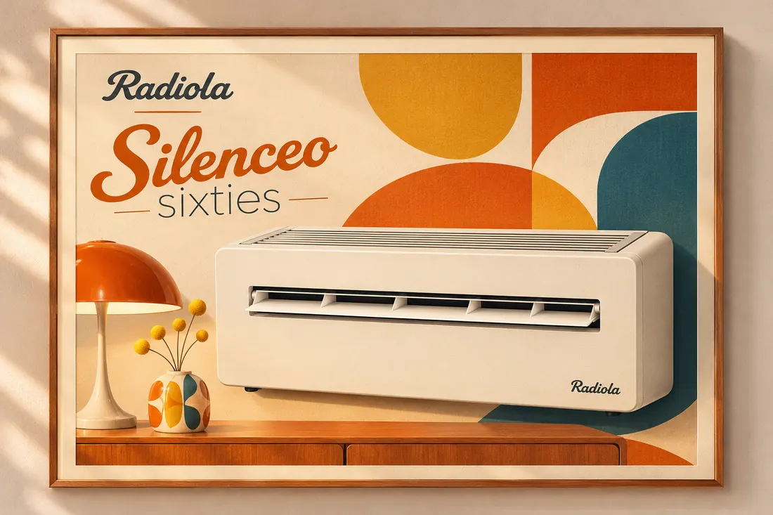 Affiche Radiola Silenceo Sixties : l'appareil couleur crème dans un décor des années 60