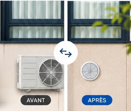 Avant : un groupe extérieur en façade. Après : deux grilles discrètes.