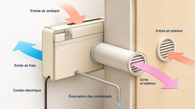 Vue en coupe : l’air extérieur entre et ressort par les deux conduits traversant le mur